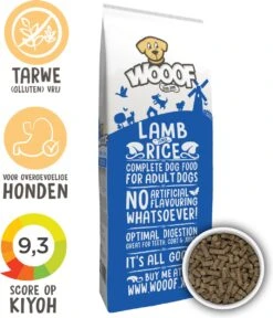 WOOOF Lam & Rijst 18KG – Geperst 100% Graanvrij Hondenvoer – Geperste Graanvrije Hondenbrokken – 100% Hypoallergeen Hondenvoer