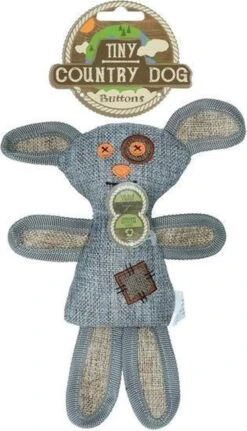Country Dog Tiny Buttons – Honden Speelgoed – Honden Speeltje Met Piepgeluid – Honden Knuffel Gemaakt Van Duurzame Materialen – Dubbel Gestikt – Extra Lagen – Voor Trek Spelletjes Of Apporteren – Grijs/Blauw – 21cm
